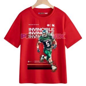 red t-shirt with invincible text and graphics, www.Printovix.com