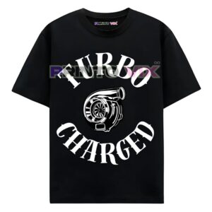 black t-shirt with turbo charged text and graphics, www.Printovix.com