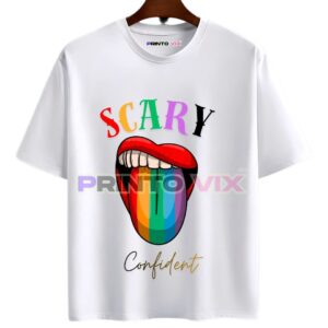 white t-shirt with colorful lips and tongue graphics and scary and confident text, www.Printovix.com