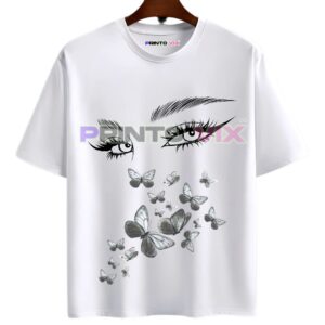 white t-shirt with women eyes and butterfly graphics, www.Printovix.com