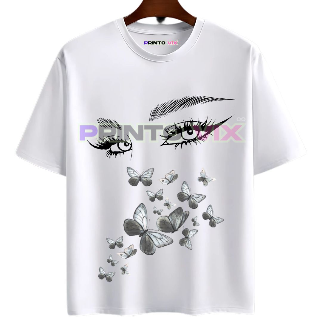 93 - PrintoVix white t-shirt with women eyes and butterfly graphics, www.Printovix.com