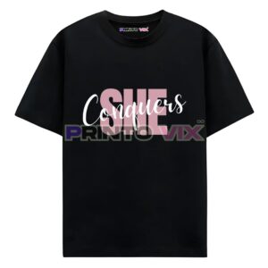 black t-shirt with graphics and She Conquers text, www.Printovix.com