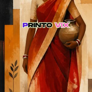 Indian woman wearing a red-orange sari and earrings, holding a clay pot, in front of a geometric mural backdrop.